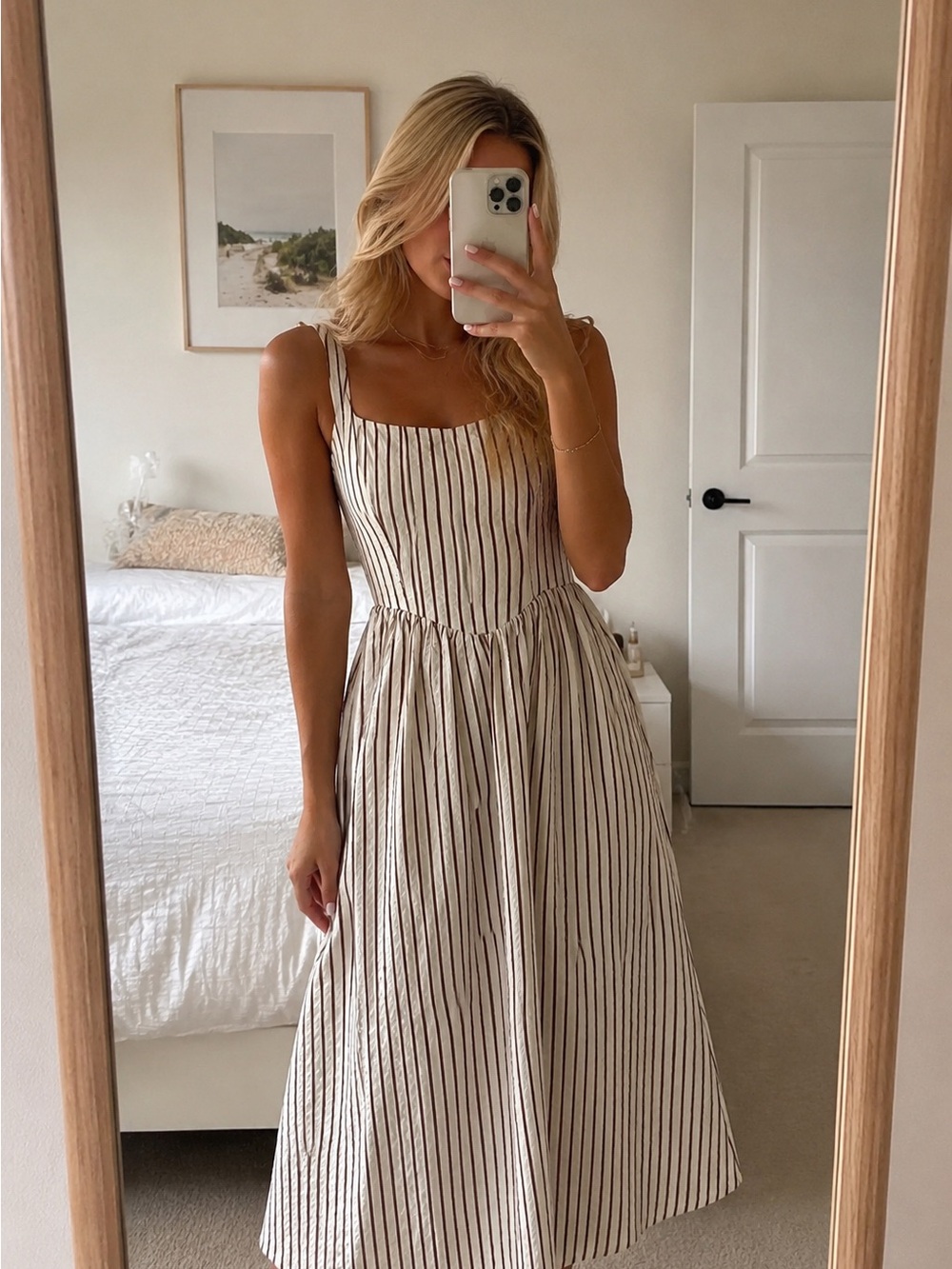 Striped Textured Midi Dress XS Neutral Cottagecore Summer Dress